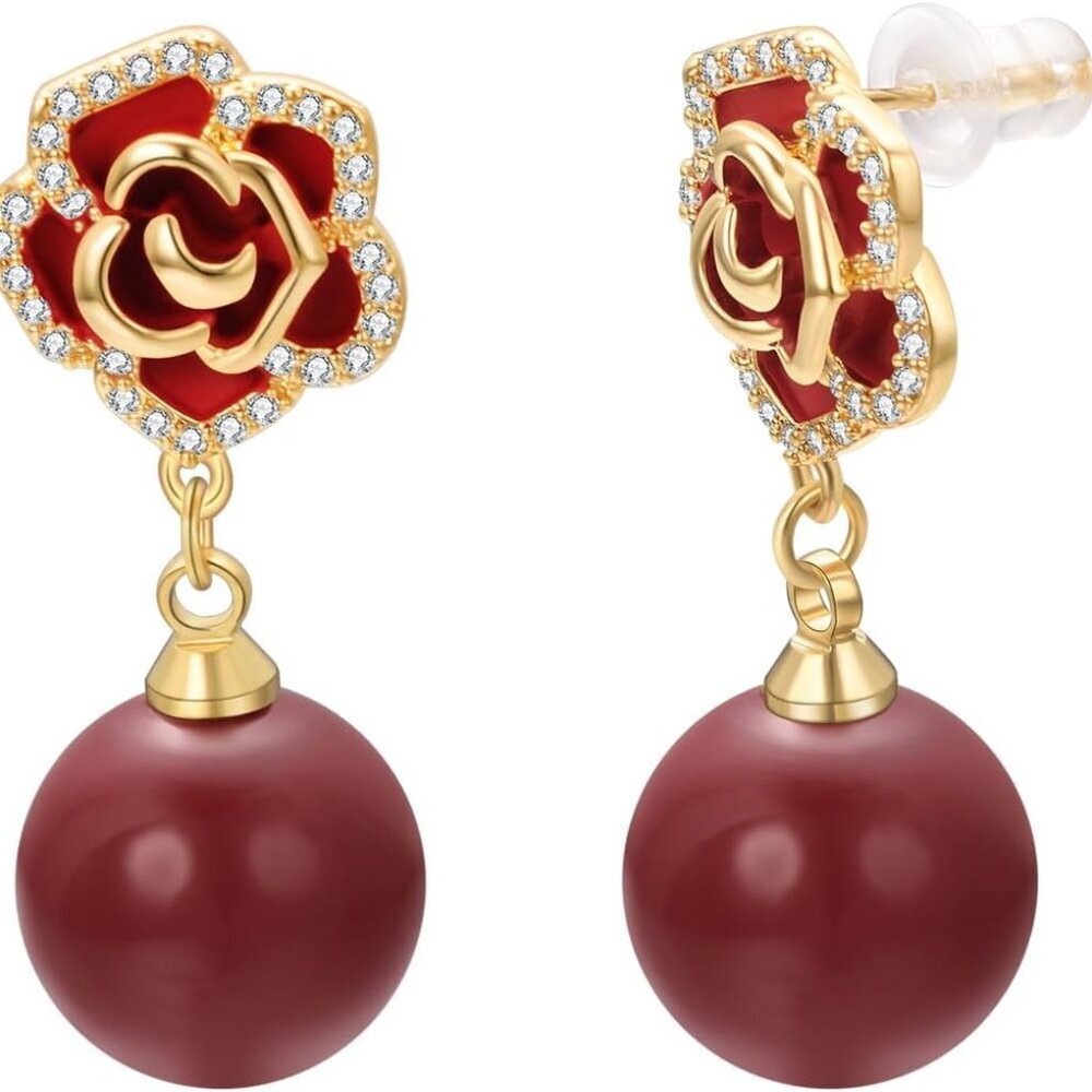 White and Red Pearl Drop Earrings for Women Butterfly Crystal Teardrop Stud Tren